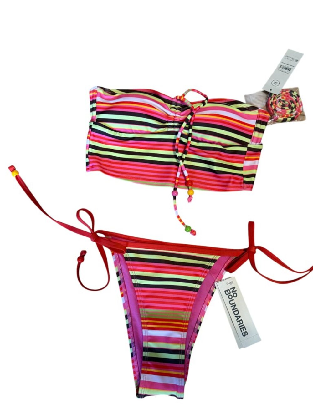 No Boundaries Multicolor Striped Bandeau Bikini Set – Size S (4‑6) NWT